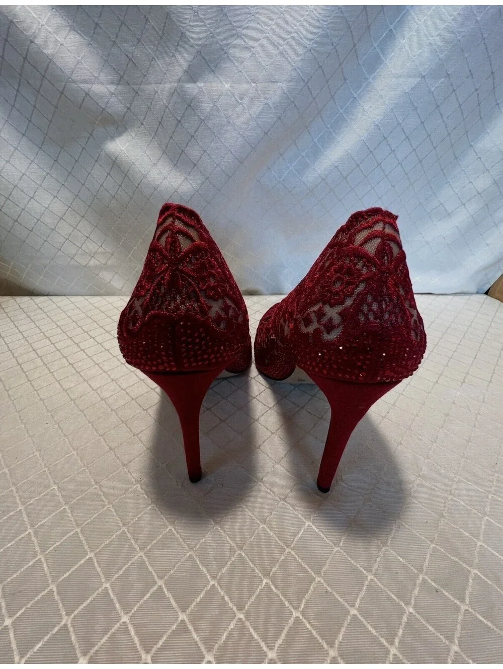 INC Red Lace Rhinestone Pointed Toe Stiletto Heels Size 8